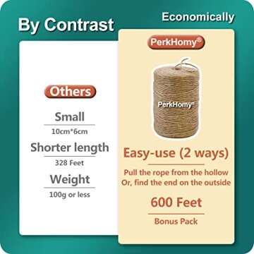 PerkHomy Natural Jute Twine 600 Feet Long Twine String for Crafts Gift Wrapping Packing Gardening Wedding Decor (Brown 2mm * 600feet)