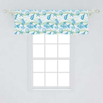 Ambesonne Nautical Window Valance, Marine Ocean Shell Starfish Oyster Mollusk Sea Horse Underwater Aquatic Pattern, Curtain Valance for Kitchen Bedroom Decor with Rod Pocket, 54" X 18", Mint Blue