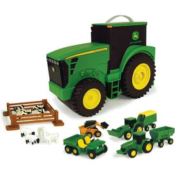 TOMY John Deere Durable Vehicle Toy Set for Kids with Tractor Shaped Portable Carry Case