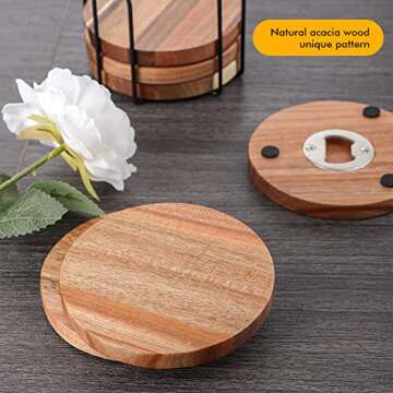 Wood Coasters for Drinks with Bottle Opener Holder Set of 6, Acacia Wooden Coasters for Coffee Table Dining Table Desk with Non-Slip Pad Cup Coasters for Home Office Christmas Decor 4 Inch