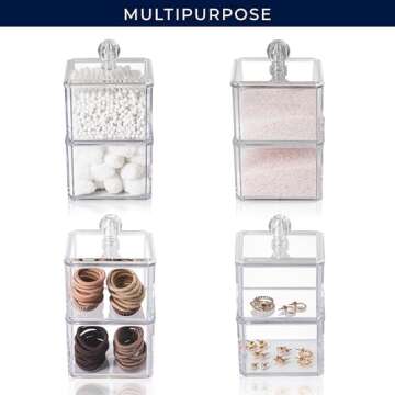 AMG Bath Collections 2-Tier Acrylic Storage Organizer Stackable Countertop Cotton Ball Holder, Jewelry and Cosmetic Storage Clear Compact Design Organizer Storage Pantry Organization