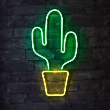 Isaac Jacobs 19” x 10” inch LED Neon Green Cactus with Yellow Planter Wall Sign for Cool Light, Wall Art, Bedroom Decorations, Home Accessories, Party, and Holiday Décor: Powered by USB Wire (CACTUS)