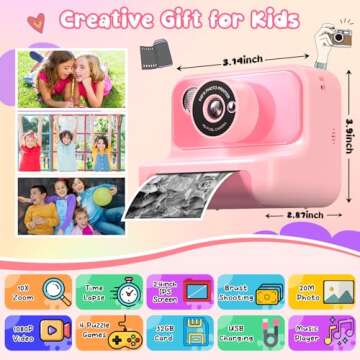 Kids Camera Instant Print, Kids Camera 1080P HD Video Digital Camera, Christmas Birthday Gifts for Girls and Boys, Toddler Toy for 3-12 Years Old