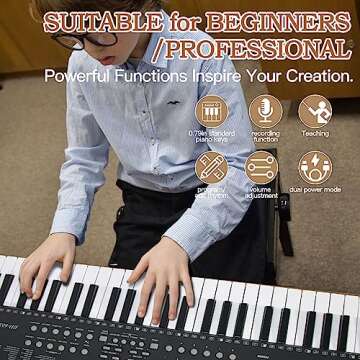 SFESGRER Keyboard Piano 61 Key Electric Piano Keyboard for Beginners/Professional, Portable Light Up Music Keyboard Built-in Dual Speakers with LED Display, Music Stand, Stand, Microphone, Bench (A)