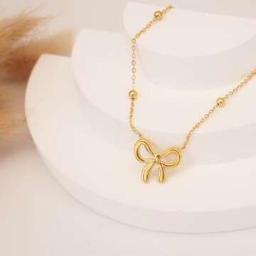 SUNNYOUTH Golden Bow Necklace for Women Bowknot Choker Necklace 14K Gold Plated Ribbon Choker Necklaces Fashion Jewelry Gifts (bow necklace 4)