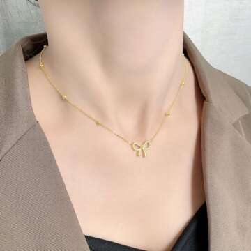 SUNNYOUTH Golden Bow Necklace for Women Bowknot Choker Necklace 14K Gold Plated Ribbon Choker Necklaces Fashion Jewelry Gifts (bow necklace 4)