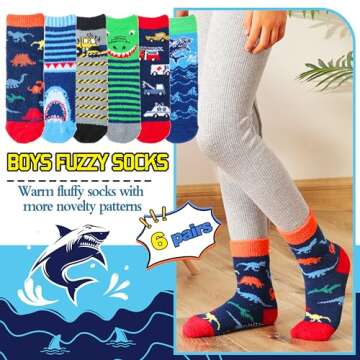 Welwoos Kids Boys Toddlers Fuzzy Slipper Socks with Grips Non Slip Warm Fluffy Winter Thick Fun Cozy Crew Hospital Gripper Socks 6 Pairs Christmas Gifts Stocking Stuffers (Animal & Cars,4-7 Years)