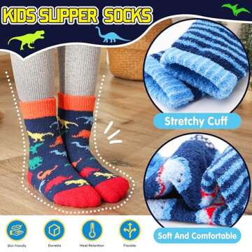 Welwoos Kids Boys Toddlers Fuzzy Slipper Socks with Grips Non Slip Warm Fluffy Winter Thick Fun Cozy Crew Hospital Gripper Socks 6 Pairs Christmas Gifts Stocking Stuffers (Animal & Cars,4-7 Years)