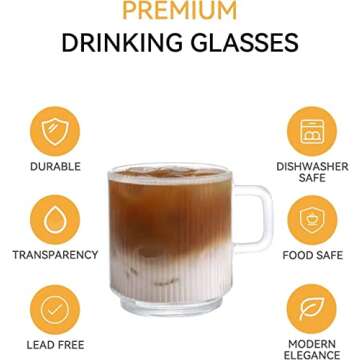 D.M DESIGN·MASTER [6 PACK, 12 OZ - Premium Glass Coffee Mugs with Handle. Transparent Tea Glasses for Hot/Cold Beverages, Perfect Design for Americano, Cappuccino, Tea and Beverage.