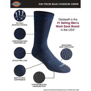 Dickies Men's Dri-Tech Moisture Control Max Full Cushion Crew Socks, Available in M-XL (6, 12, Navy Marl (6 Pairs), Large