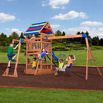 Backyard Discovery Beach Front All Cedar Wooden Swing Set with Monkey Bars, Large Upper Deck with Canopy, Ships Wheel, Play Telescope, Sandbox, Snack Bench, Rock Wall