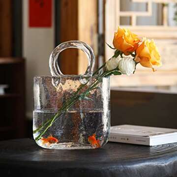 Glass Vase with Elegant Purse Design, Hand Purse vase with Fish Bowl, Unique Flower Vase with Handle and Bubbles - for Home Decor/Office/Garden/Wedding Decor/Enterpiece/Events(Transparent)