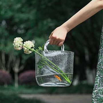 Glass Vase with Elegant Purse Design, Hand Purse vase with Fish Bowl, Unique Flower Vase with Handle and Bubbles - for Home Decor/Office/Garden/Wedding Decor/Enterpiece/Events(Transparent)