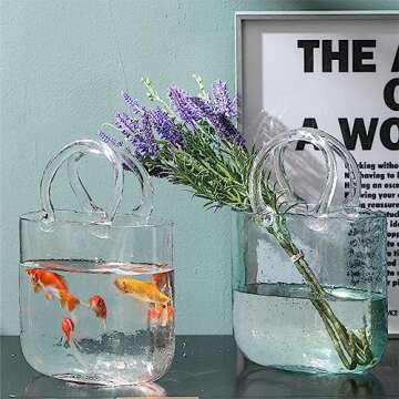 Glass Vase with Elegant Purse Design, Hand Purse vase with Fish Bowl, Unique Flower Vase with Handle and Bubbles - for Home Decor/Office/Garden/Wedding Decor/Enterpiece/Events(Transparent)