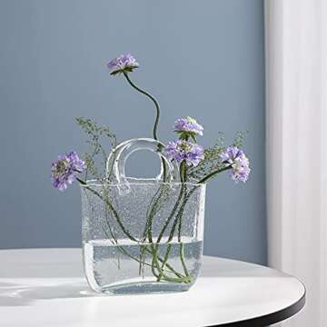 Glass Vase with Elegant Purse Design, Hand Purse vase with Fish Bowl, Unique Flower Vase with Handle and Bubbles - for Home Decor/Office/Garden/Wedding Decor/Enterpiece/Events(Transparent)