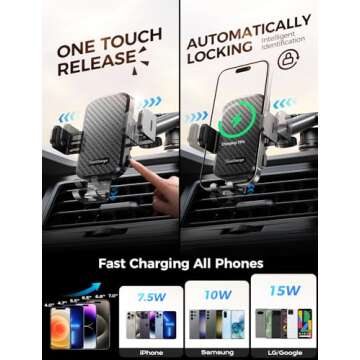 CHGeek Wireless Car Charger with Phone Holder Mount, 15W Fast Charging Auto Clamping Phone Holders for You Car Windshield Dashboard Air Vent Accessories for iPhone, Samsung Galaxy, Google, etc