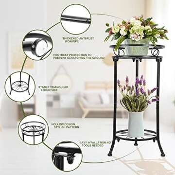 YHIJURS 20.3inch Outdoor Plant Stand,2 Tier Indoor Tall Plant Stands,Metal Heavy Duty Iron Corner Flower Potted Stands,Plants Shelf, Planter Holder, Art Decor for Garden-Black