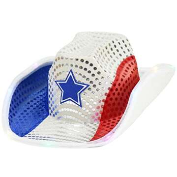 GiftExpress Light Up Patriotic Cowboy Hat - Red, White & Blue Sequin Cowgirl Hat w/Flashing LED - USA Western Rodeo Theme Party Costume for Women and Man Adult Size