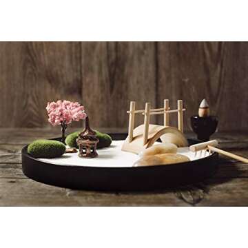 Healsome Zen Gardens – Mini Meditation Wood Zen Garden for Desk – Set of 14 with a Backflow Incense Burner – 9.4” Round DIY Kit Including Sand, Rake Tools, Rock, and Accessories for Office Home Decor