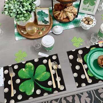 St. Patrick's Day Shamrock Placemats Set of 4,12x18 Inch Lucky Clover with White Dots Heat-Resistant Place Mats,Green Irish Table Decors for Seasonal Farmhouse Kitchen Dining Holiday Party