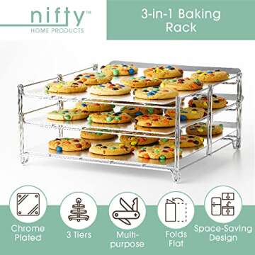 Nifty 3-in-1 Baking Rack – Nickel Chrome Plating, Cooling & Baking Rack, Multipurpose Kitchen Accessory, Folds Flat for Easy Storage, Use for Cookies, Pizzas, Baked Goods