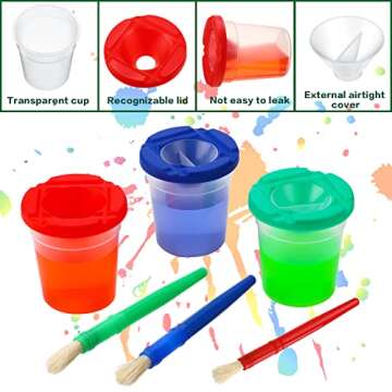 10 Pcs Children's No Spill Paint Cups Leakproof Paint Cups with Lids for Kids Toddlers and 10 Pieces Matching Colored Painting Round Brush Set Outdoor Art Supplies for Kids