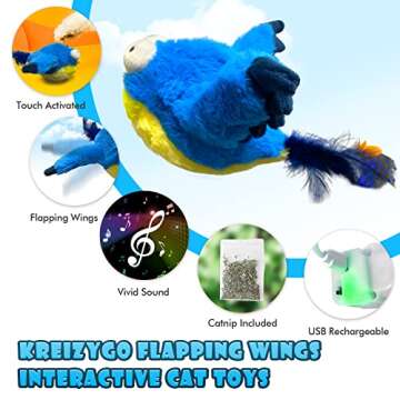 KreizyGo Cat Toys, Flapping Wings Blue-Bird Catnip Toys, Vivid Chirping, Simulation Bird Interactive Cat Toy for Kitten Kitty Exercise, Fluffy Plush Dog Toys, Touch Activated, Rechargeable