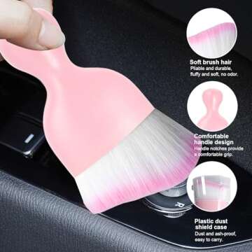 Ziciner Car Detailing Brush, Curved Soft Bristles Auto Removal Dust Collectors, Universal Vehicle Dashboard, Air Conditioner Vents etc Interior Cleaning Tool Accessory (Pink/Pink)