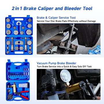 Orion Motor Tech 2 in 1 Brake Caliper Compression Tool & Brake Bleeder Kit, Handheld Vacuum Pump Brake Bleeder Tool Set, Disc Brake Pad Service Tool with Thrust Bolt Retaining Plates & 18 Adapters