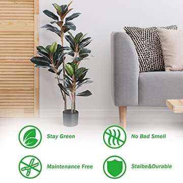 Kazeila Artificial Rubber Tree 4.3 Feet Fake Ficus Plant with 56 Leaves Faux Tropical Tree for Indoor Outdoor Home Office Any Room Decor Perfect Housewarming Gift