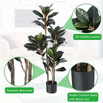 Kazeila Artificial Rubber Tree 4.3 Feet Fake Ficus Plant with 56 Leaves Faux Tropical Tree for Indoor Outdoor Home Office Any Room Decor Perfect Housewarming Gift