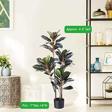 Kazeila Artificial Rubber Tree 4.3 Feet Fake Ficus Plant with 56 Leaves Faux Tropical Tree for Indoor Outdoor Home Office Any Room Decor Perfect Housewarming Gift