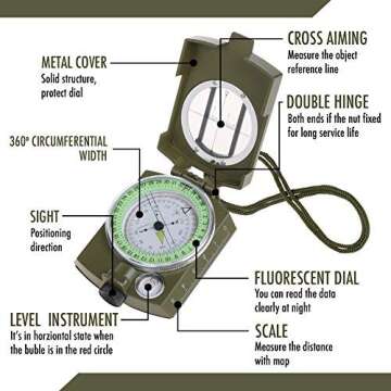 Waterproof Military Lensatic Sighting Compass with Magnifying Glass Mapping Ruler Reading Scale Distance Calculator for Navigation Hiking Camping Adventure