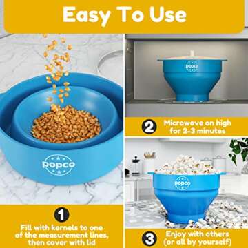 Popco Silicone Popcorn Maker - Microwave Popcorn Popper with Handles - Collapsible Bowl, Heat-Resistant, Easy to Clean, Ideal for Family Movie Nights, 15-Cup Capacity - Light Blue