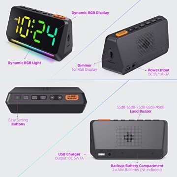 XKX Dynamic RGB Clock - Extra Loud Digital Alarm Clock for Bedroom, Heavy Sleepers, Adults, Kids, Small Bedside Desk Clock with RGB Night Light, LED Display, USB Charger - Cool Black