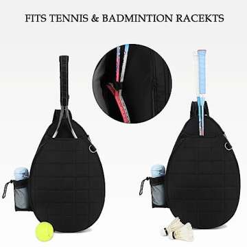 Rejolly New Tennis Racket Sling Bag for Women Men Quilted Water Resistant Racquet Cover One Shoulder Crossbody Bags for Pickleball Paddles, Badminton Racquet Black