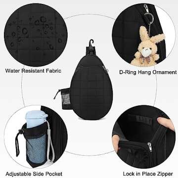 Rejolly New Tennis Racket Sling Bag for Women Men Quilted Water Resistant Racquet Cover One Shoulder Crossbody Bags for Pickleball Paddles, Badminton Racquet Black