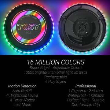 TOSY Flying Disc - 16 Million Color RGB or 36 or 360 LEDs, Extremely Bright, Smart Modes, Auto Light Up