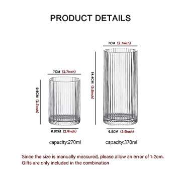 INSETLAN Glass Cups Vintage Glassware Set of 4 Large, Origami Style Transparent Cocktail Glasses Set, Bar Beverages Ice Coffee Cup Juice Ripple Drinkware, 370ml (L)