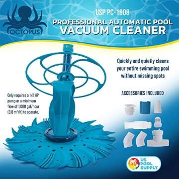 U.S. Pool Supply Octopus Professional Automatic Pool Vacuum Cleaner & Hose Set - Powerful Suction That Removes Swimming Pool Debris, Cleans Floors, Walls, Steps - Quiet Cleaning Side Climbing Sweeper