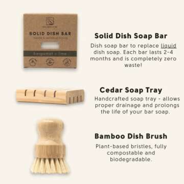 Zero Waste MVMT Dish Washing Bundle Kit | Eco-Friendly Solid Dish Soap, Cedar Soap Tray, Bamboo Pot Brush | Organic, Vegan, Non-Toxic Dish Soap | 3pc. Set