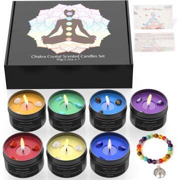 7 Chakra Candles Gift Set with Crystals for Stress Relief & Meditation