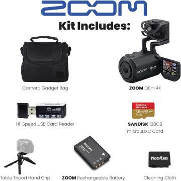 Zoom Q8n-4K Ultra High Definition Handy Video Recorder, Four Tracks of Audio Recording, for Record/Streaming Music, Podcasts + 128GB microSDXC Memory Card + Rechargeable Battery + Accessories – Bundle