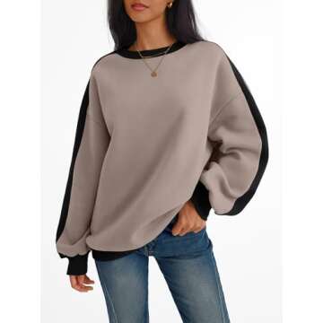 Trendy Queen Womens Oversized Sweatshirts Crewneck Hoodies Color Block Long Sleeve Pullover Fall Cute Y2K Tops Fleece Winter Clothes Fashion Outfits CoffeeGrey S