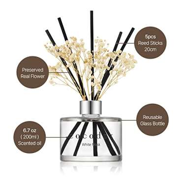 COCODOR Flower Reed Diffuser Set / 6.7oz / White Jasmine/Scent Diffuser with Sticks Home Fragrance Reed Diffuser for Bathroom Shelf Decor