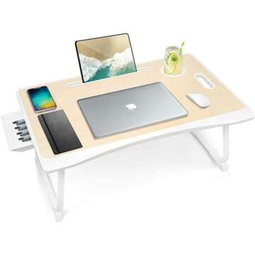 Amaredom Laptop Bed Desk Tray Bed Table, Foldable Portable Lap Desk with Storage Drawer and Cup Holder for Eating Breakfast on Bed/Couch/Sofa-White Oak