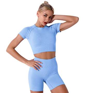 Women's Seamless Yoga Outfits Two Pieces Workout Short Sleeve Crop Top Sports Bra + High Waisted Running Shorts Sets Biker Activewear Athletic Fitness Gym Sexy Active Tracksuit Light Blue Medium