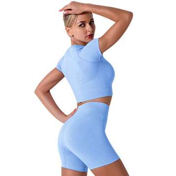 Women's Seamless Yoga Outfits Two Pieces Workout Short Sleeve Crop Top Sports Bra + High Waisted Running Shorts Sets Biker Activewear Athletic Fitness Gym Sexy Active Tracksuit Light Blue Medium