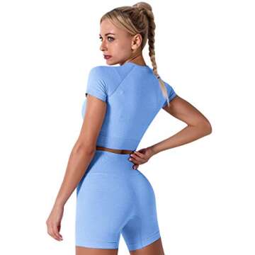 Women's Seamless Yoga Outfits Two Pieces Workout Short Sleeve Crop Top Sports Bra + High Waisted Running Shorts Sets Biker Activewear Athletic Fitness Gym Sexy Active Tracksuit Light Blue Medium