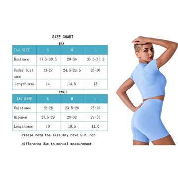 Women's Seamless Yoga Outfits Two Pieces Workout Short Sleeve Crop Top Sports Bra + High Waisted Running Shorts Sets Biker Activewear Athletic Fitness Gym Sexy Active Tracksuit Light Blue Medium